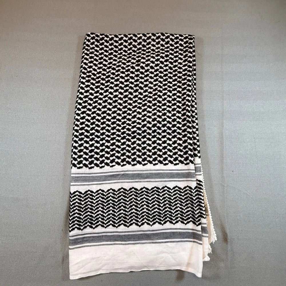 Unbranded Black White Keffiyeh Scarf Shemagh Desert Wrap Pom Pom 48x24.5 2247